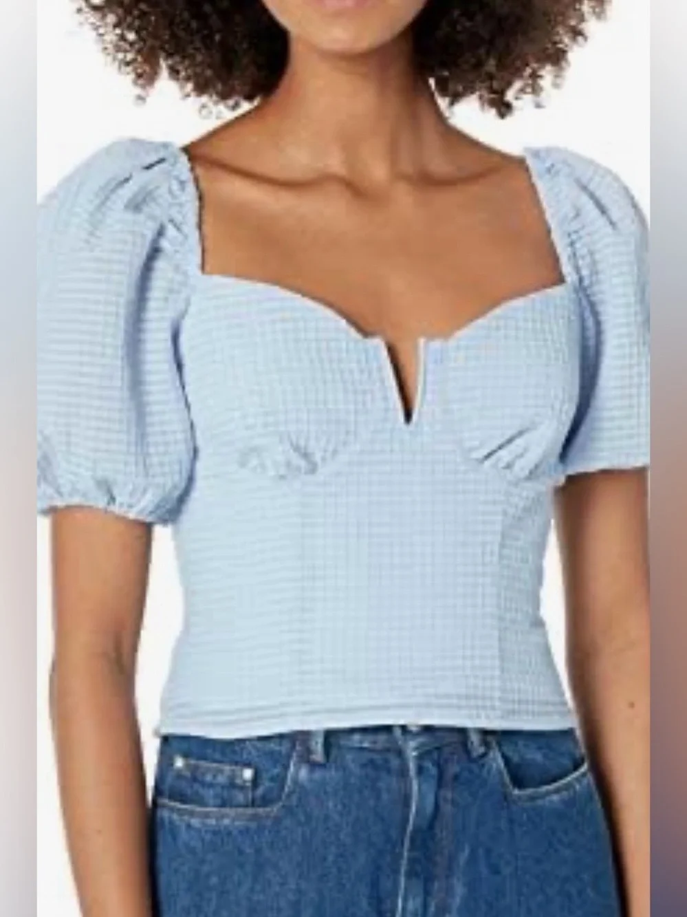 ASTR The Label Blue Daydreamer Puff Sleeve Sweetheart Smocked Top Small